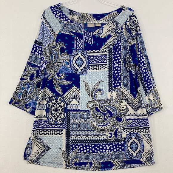 Chico's Travelers size 12/14 Blue Abstract Boho Slinky Knit 3/4 Sleeve Blouse - Picture 1 of 10